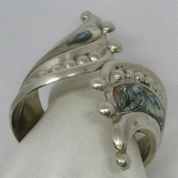 Wide ABALONE MEXICAN SILVER Bracelet Mexican Silver Abalone Swirl Clamper Cuff - Picture 9 of 14